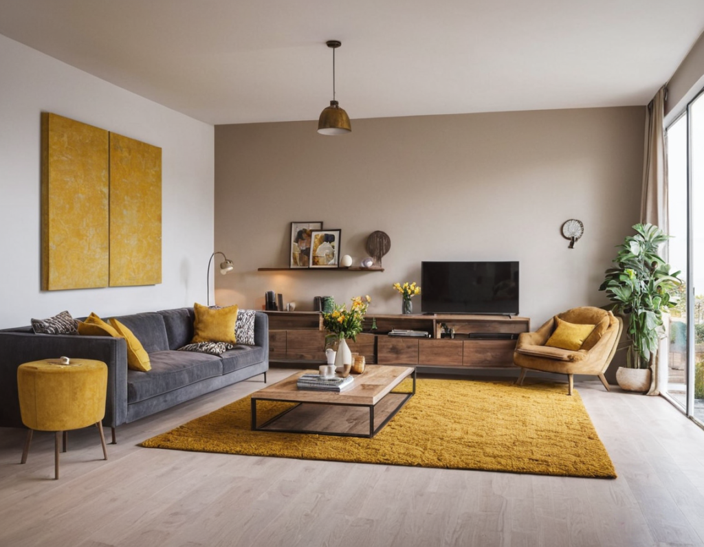 Zona living moderna con colori accesi