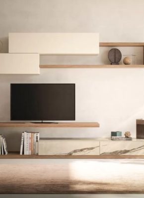 Mobile tv moderno con finiture in marmo e legno noce